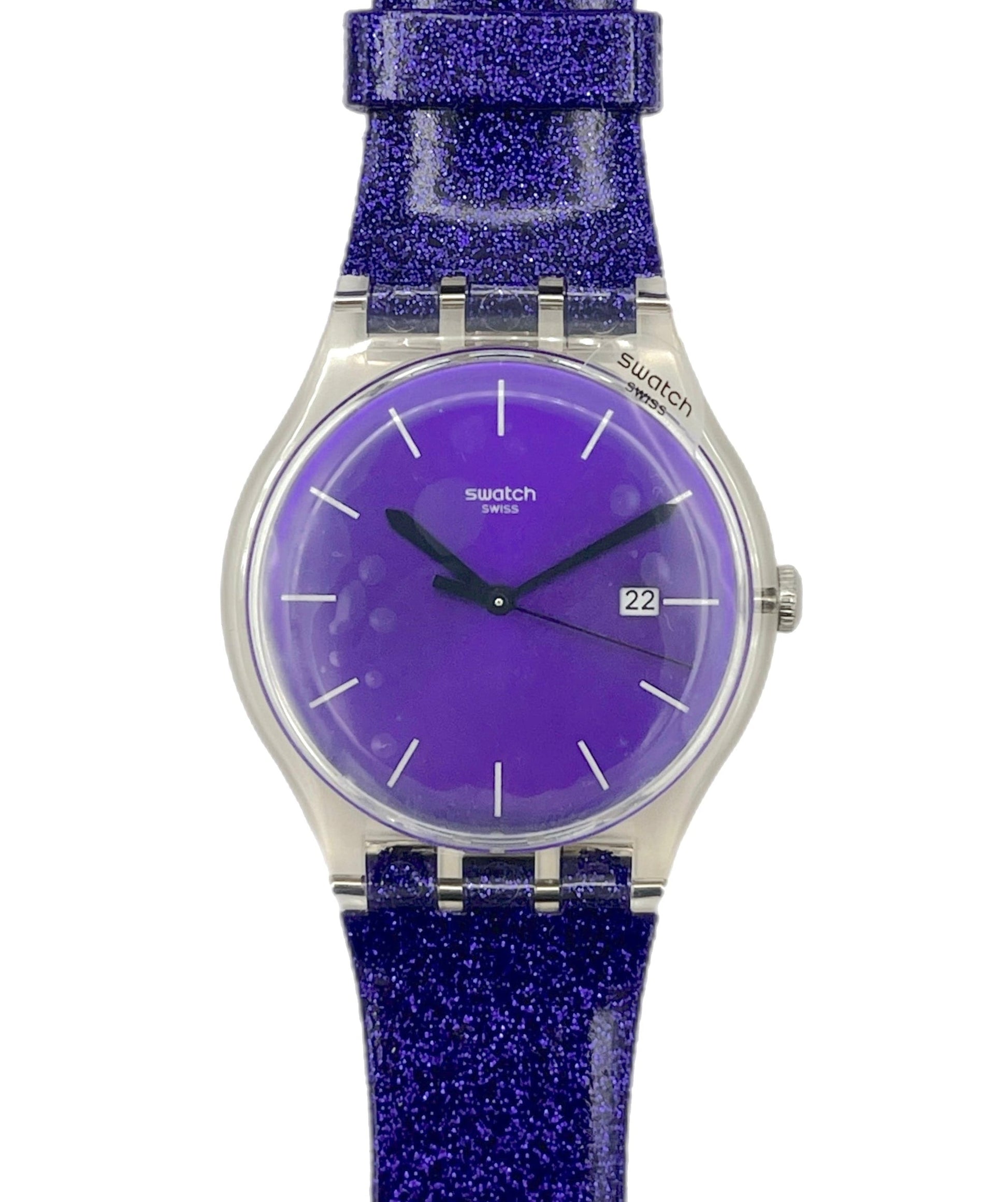 Swatch watch with purple glitter strap and face on a white background