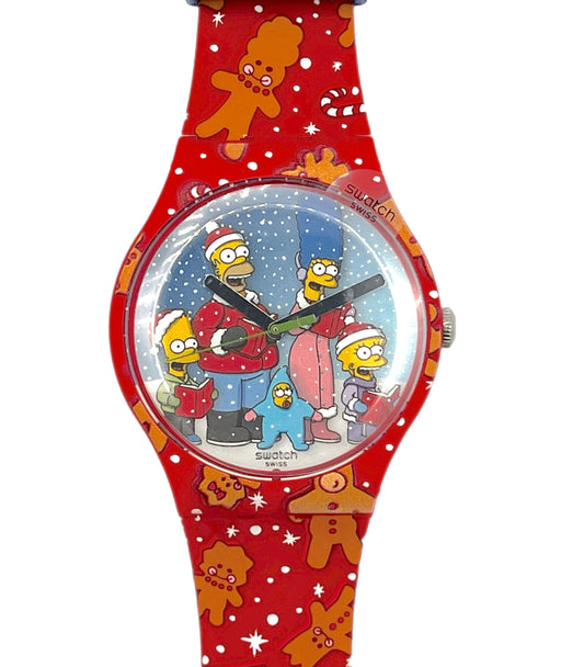 Swatch watch with The Simpsons design on a red background