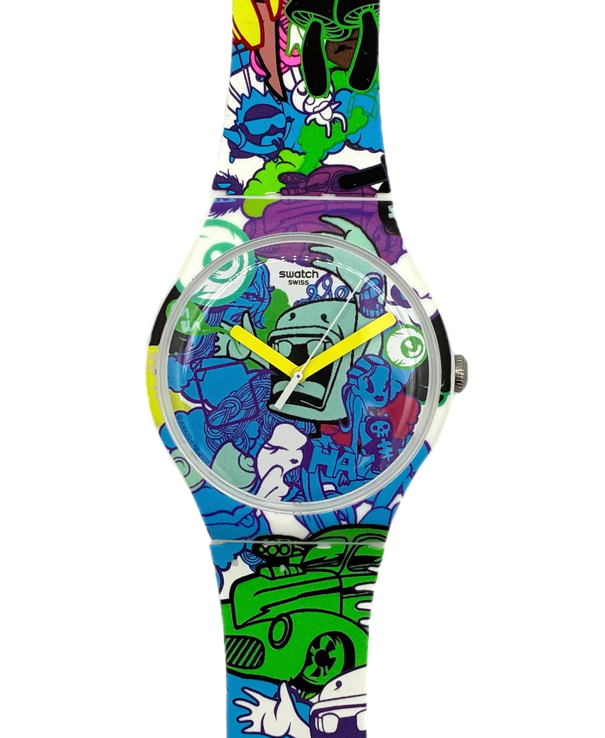 Colorful Swatch watch with cartoon character design on a white background