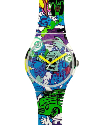 Colorful Swatch watch with cartoon character design on a white background