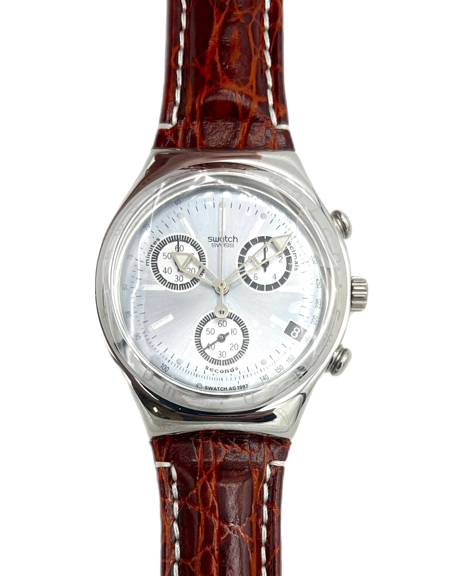 Watch with a brown leather strap on a white background