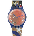 Swatch watch with colorful strap and packaging on a white background