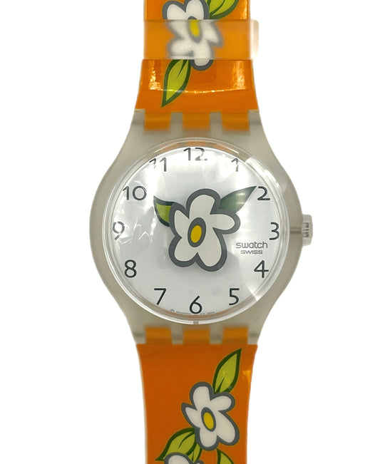 Swatch watch with orange floral strap on a white background