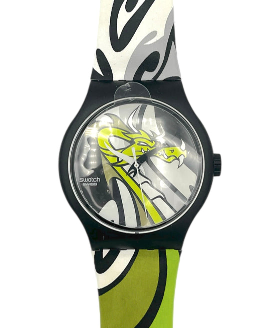 Swatch watch with a colorful strap and clear face on a white background