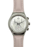 Swatch watch with a light gray strap and silver case on a white background
