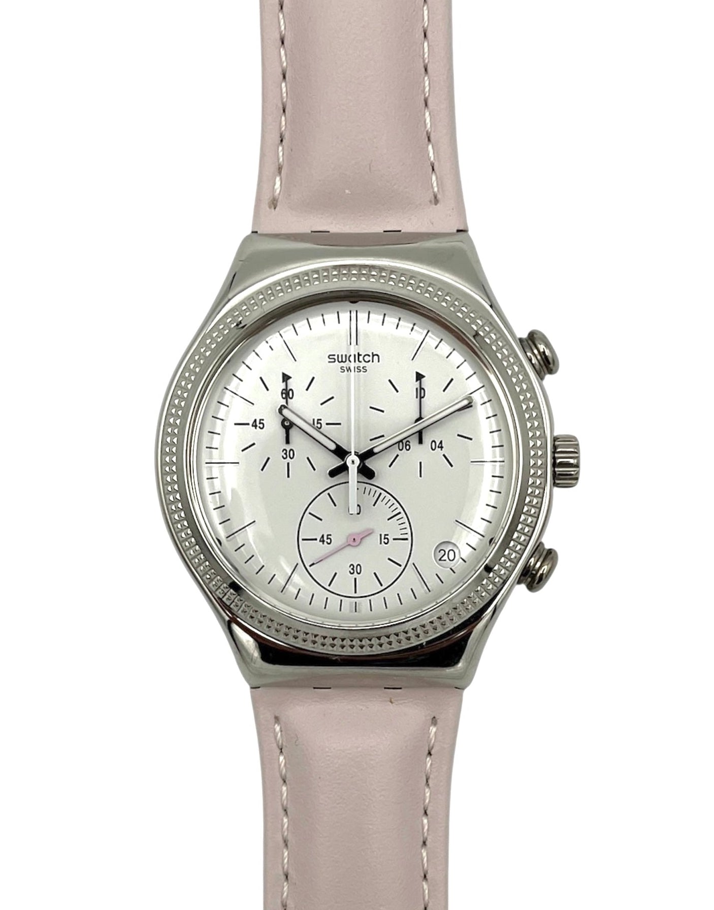 Swatch watch with a light gray strap and silver case on a white background