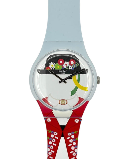 Colorful Swatch watch with a unique design on a white background