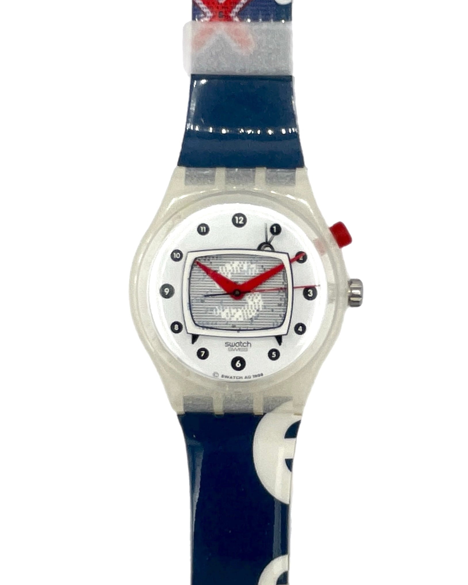Watch with a blue strap featuring a logo on a white background