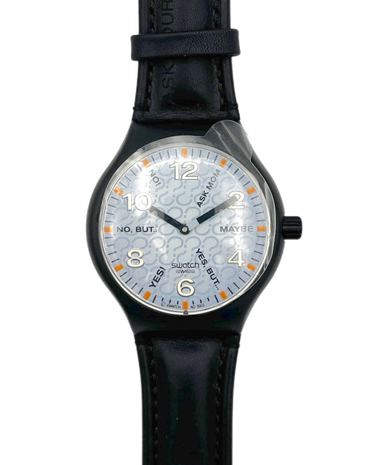 Wristwatch with black strap and silver dial on a white background