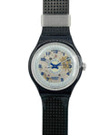 Swatch watch with black strap and white face on a white background