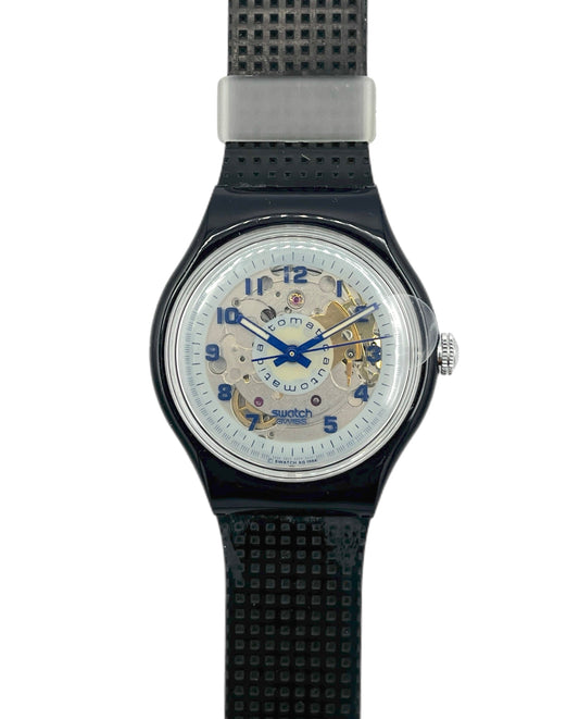Swatch watch with black strap and white face on a white background