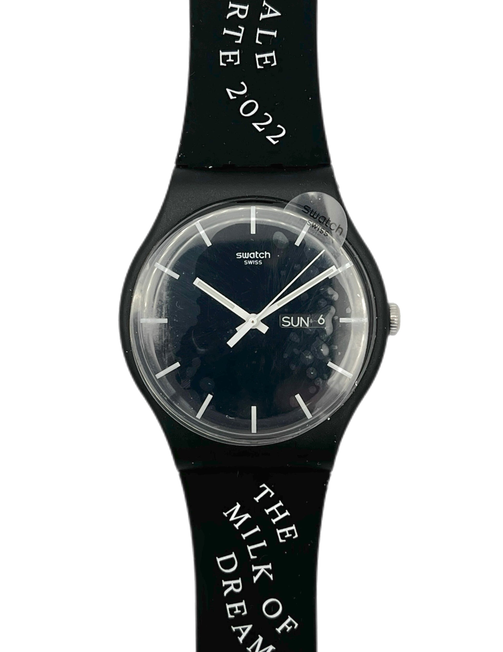 Black Swatch watch with text on a white background