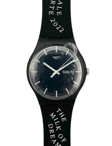 Black Swatch watch with text on a white background
