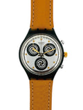 Swatch watch with brown strap and black and white face on a white background