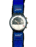 Swatch watch with blue strap and visible brand logo on a white background