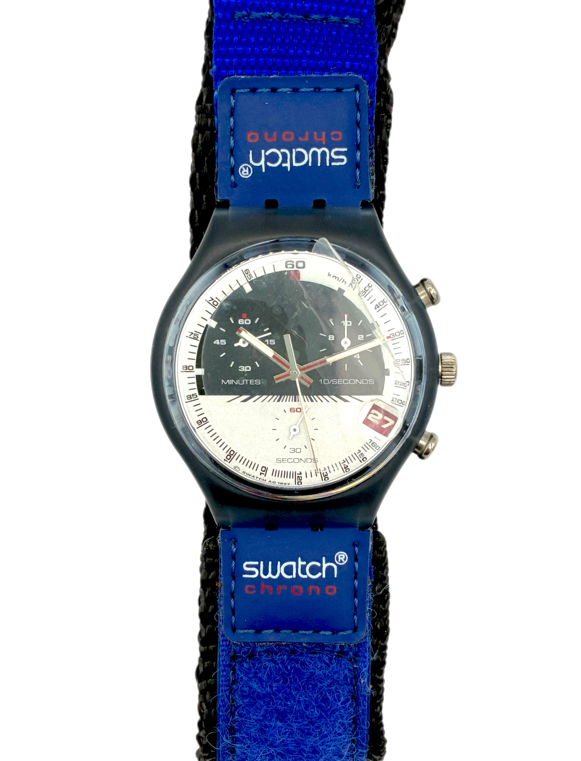 Swatch watch with blue strap and visible brand logo on a white background