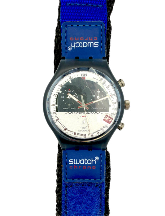 Swatch watch with blue strap and visible brand logo on a white background