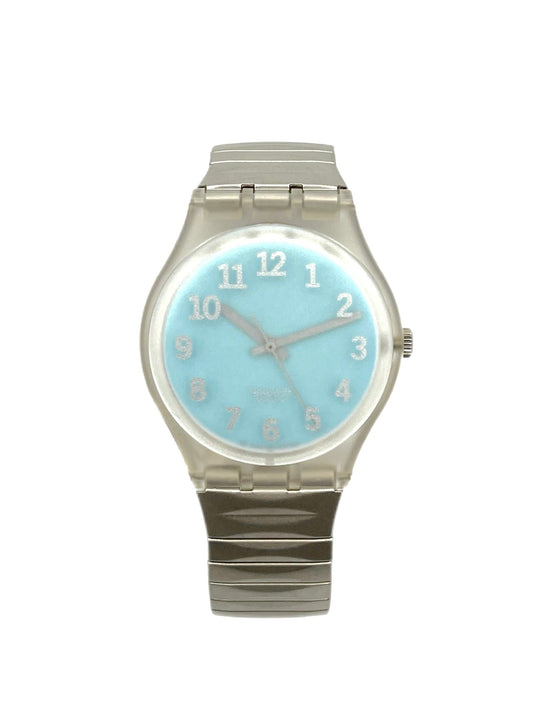 Silver watch with a light blue face on a white background