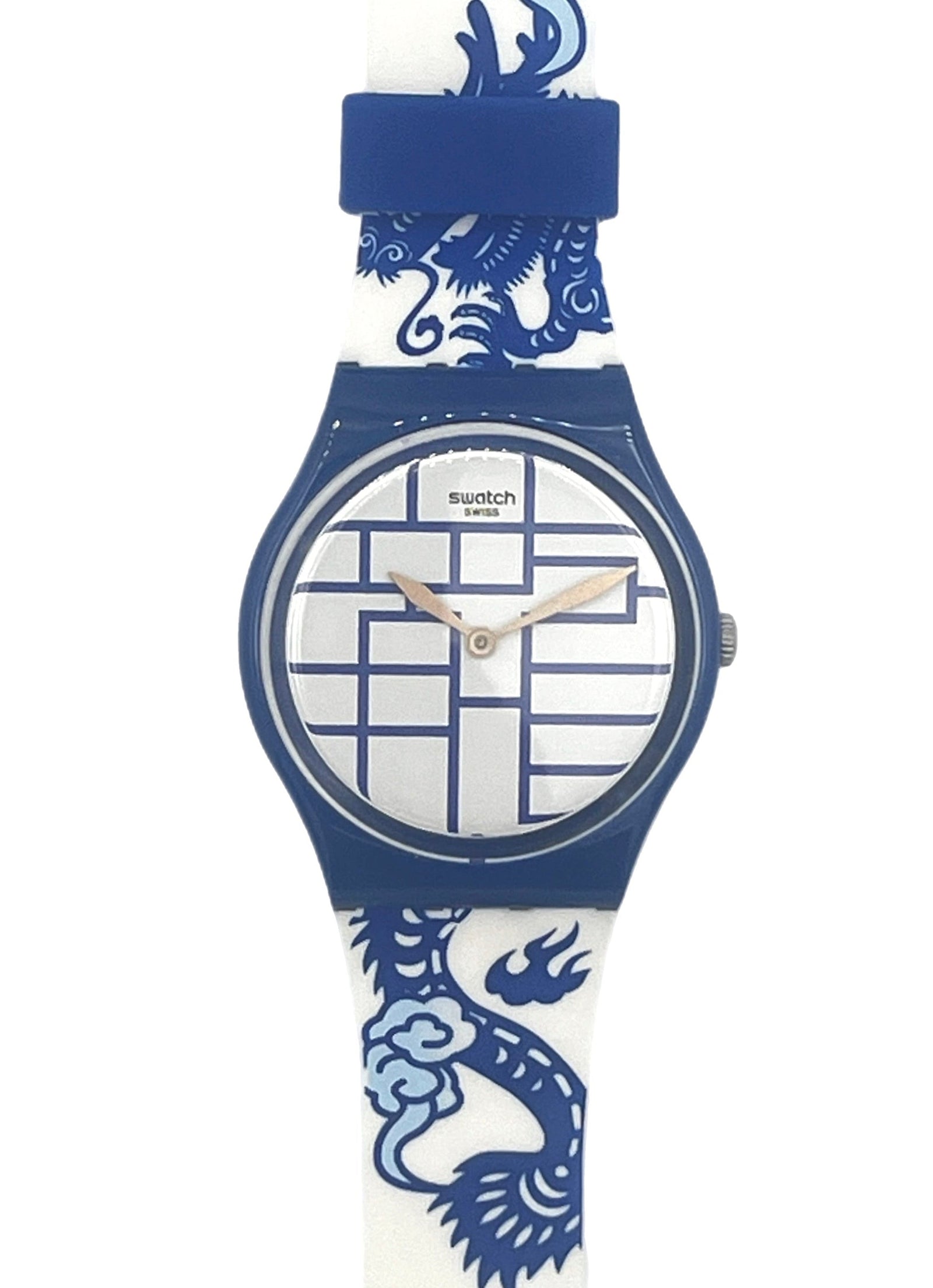 Swatch wristwatch with a blue and white dragon patterned strap and a blue round case, shown on a plain white background.