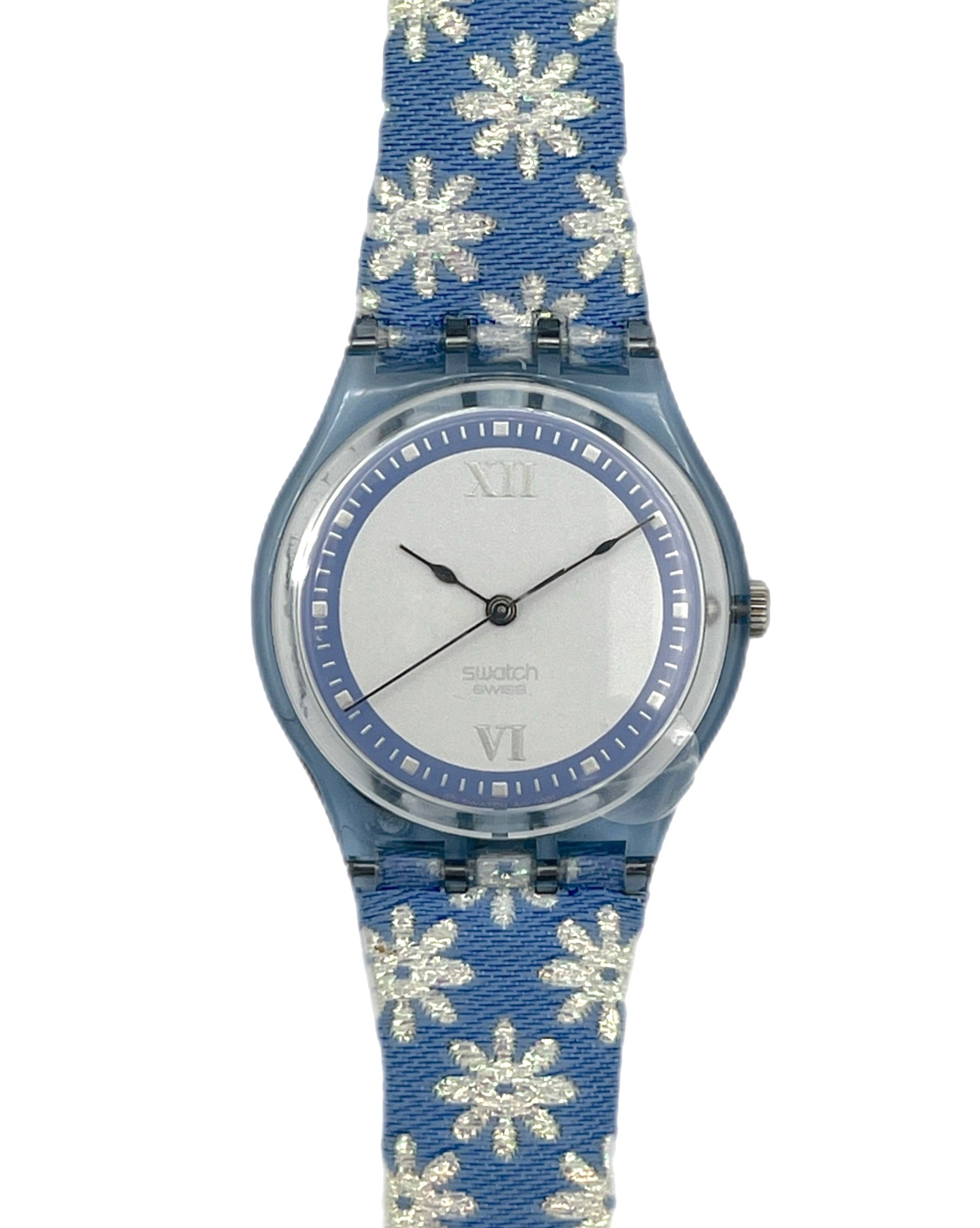 Watch with blue floral strap on a white background