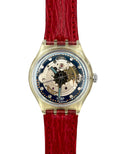Watch with red strap and visible brand name on a white background