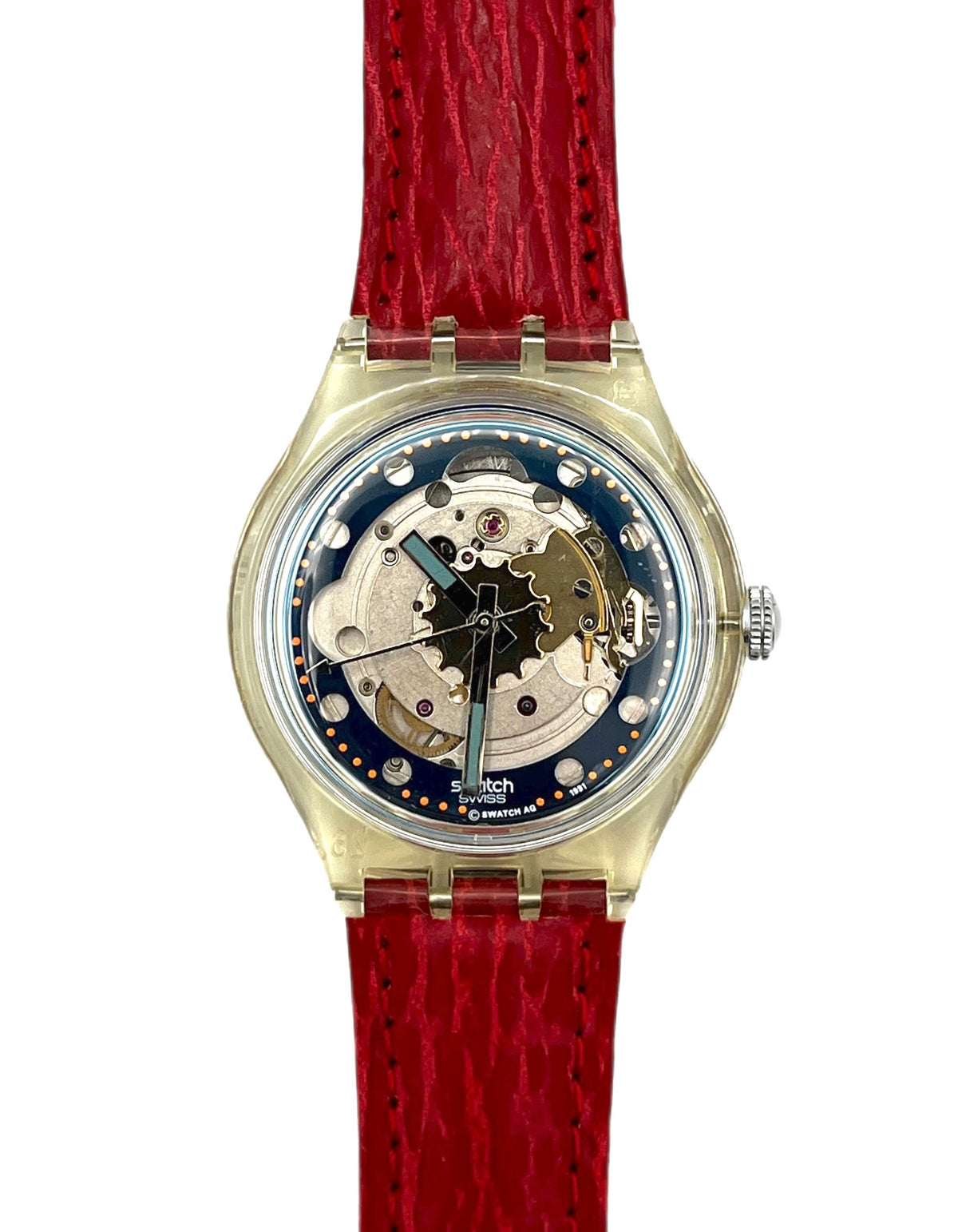 Watch with red strap and visible brand name on a white background