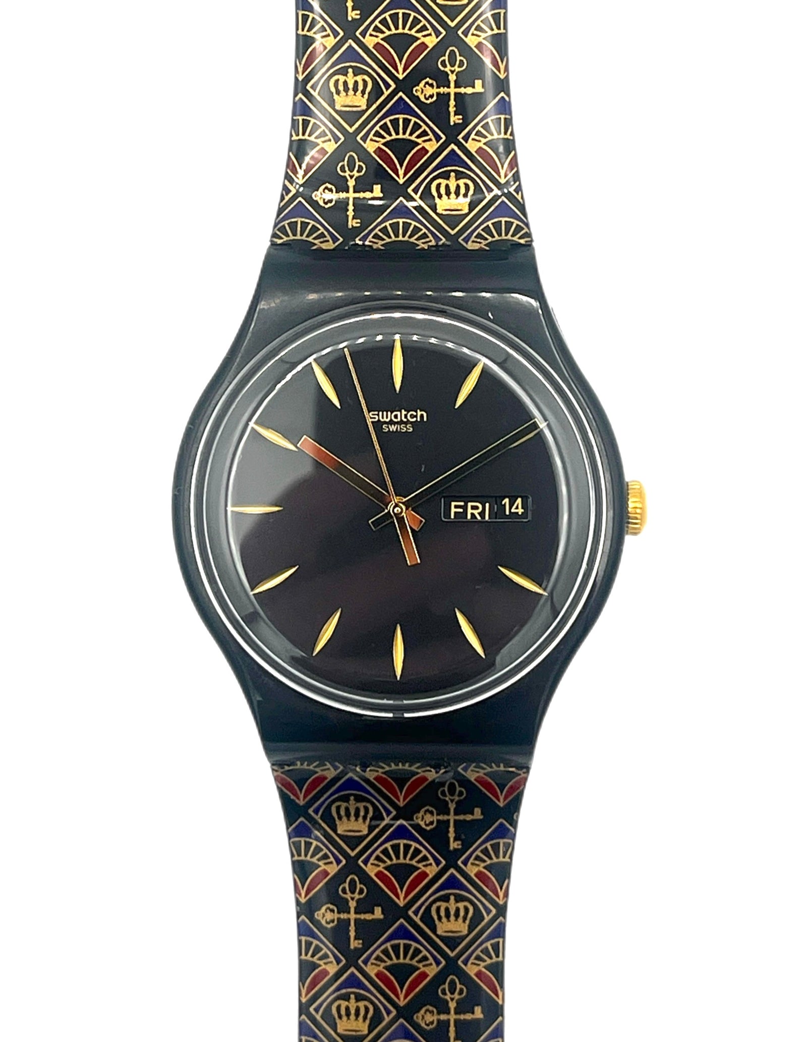 Swatch watch with patterned strap on a white background