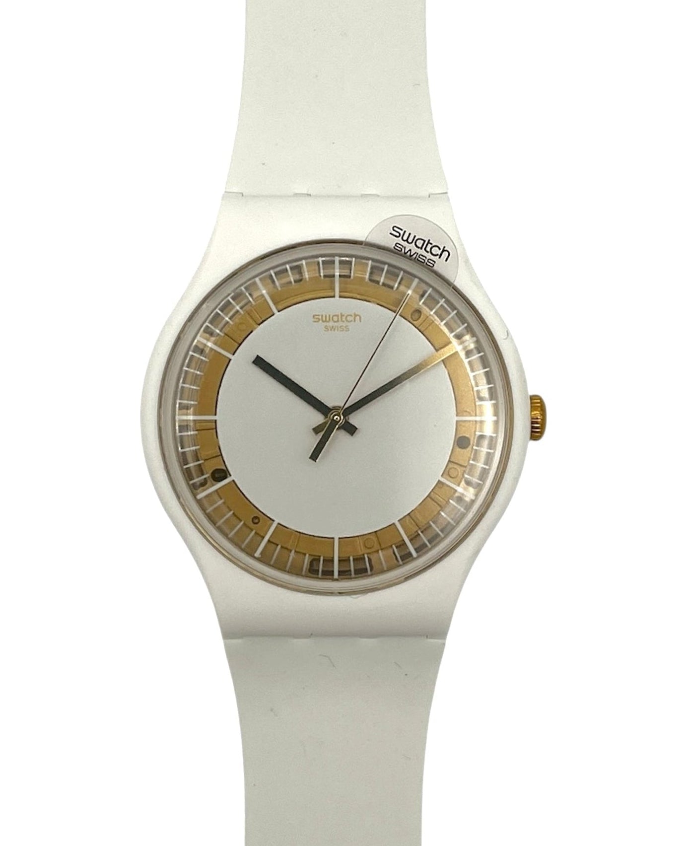 White Swatch watch with gold accents on a white background