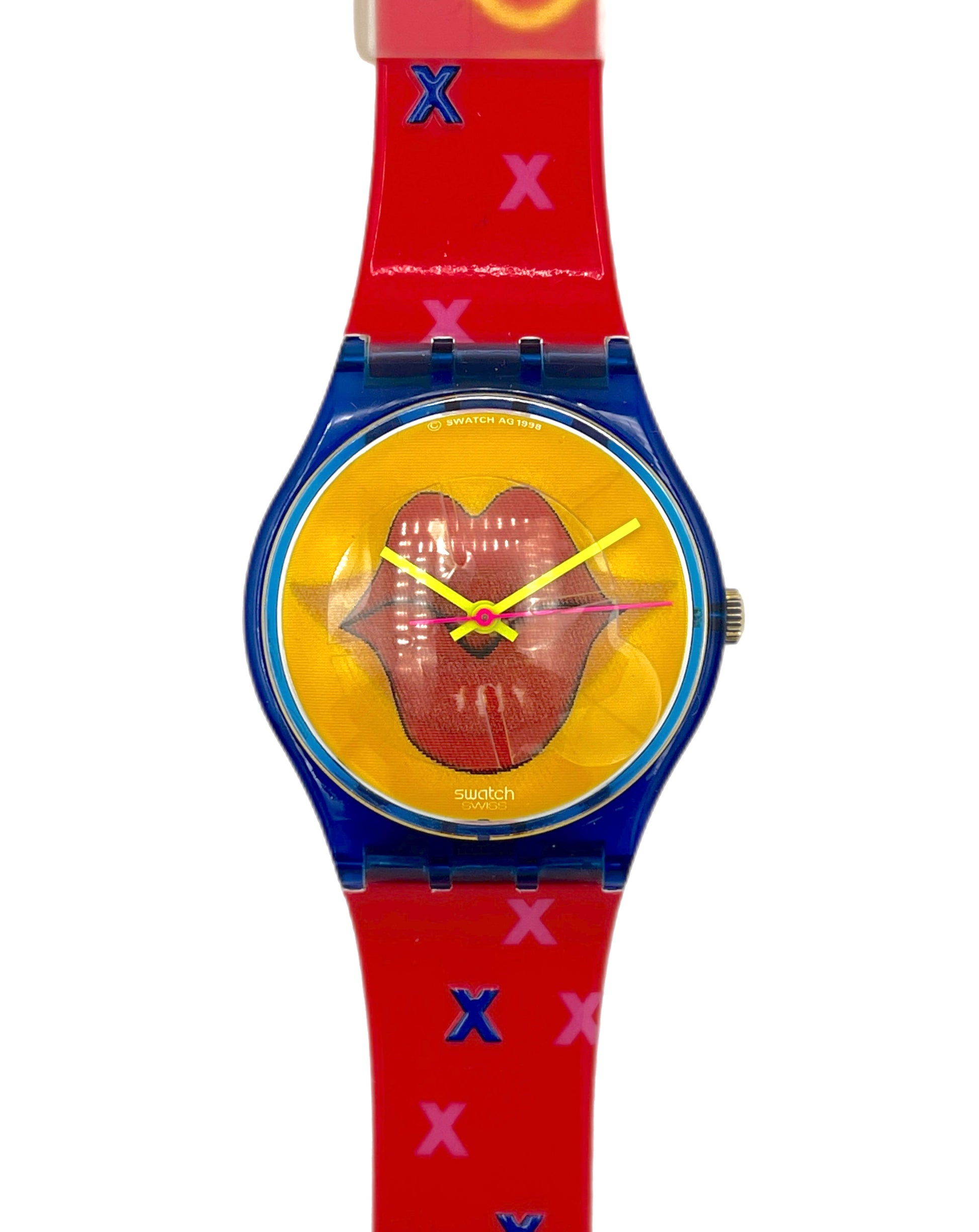 Swatch watch with a red strap and yellow face featuring a lips design on a white background