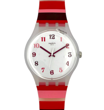 Swatch watch with a red and pink striped strap on a white background