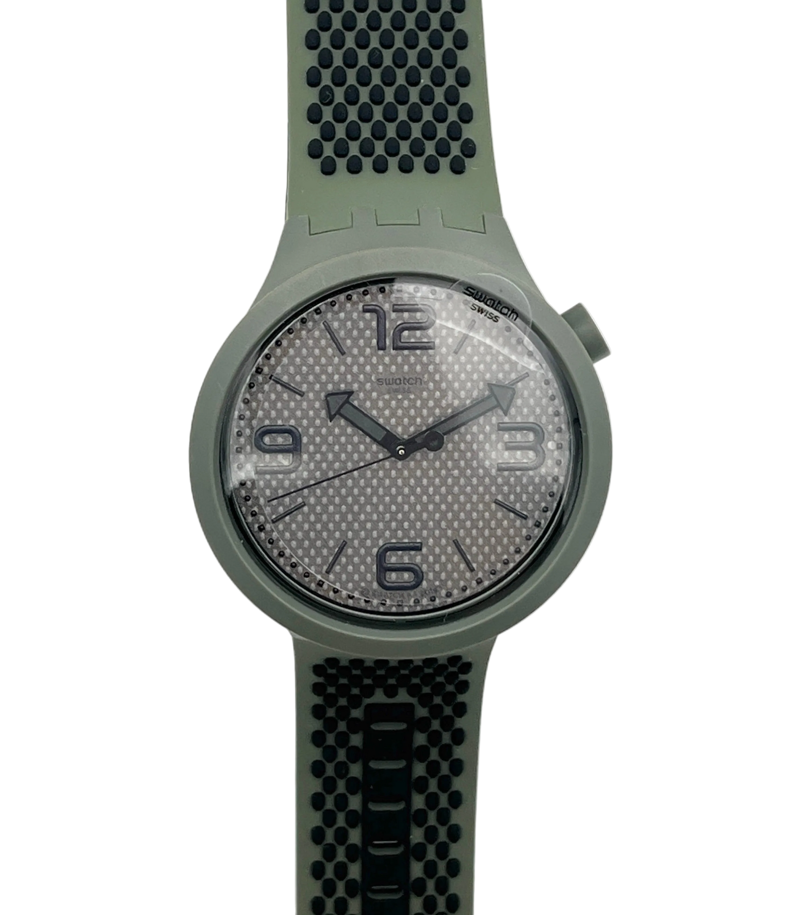 A Swatch wristwatch featuring an olive green silicone strap and case, with a textured gray dial and black numerals.