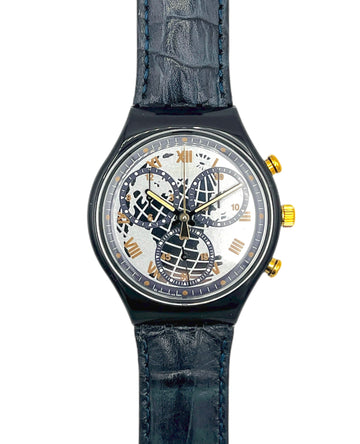 Watch with a detailed face and blue strap on a white background