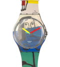 Colorful Swatch watch with a unique design on a white background
