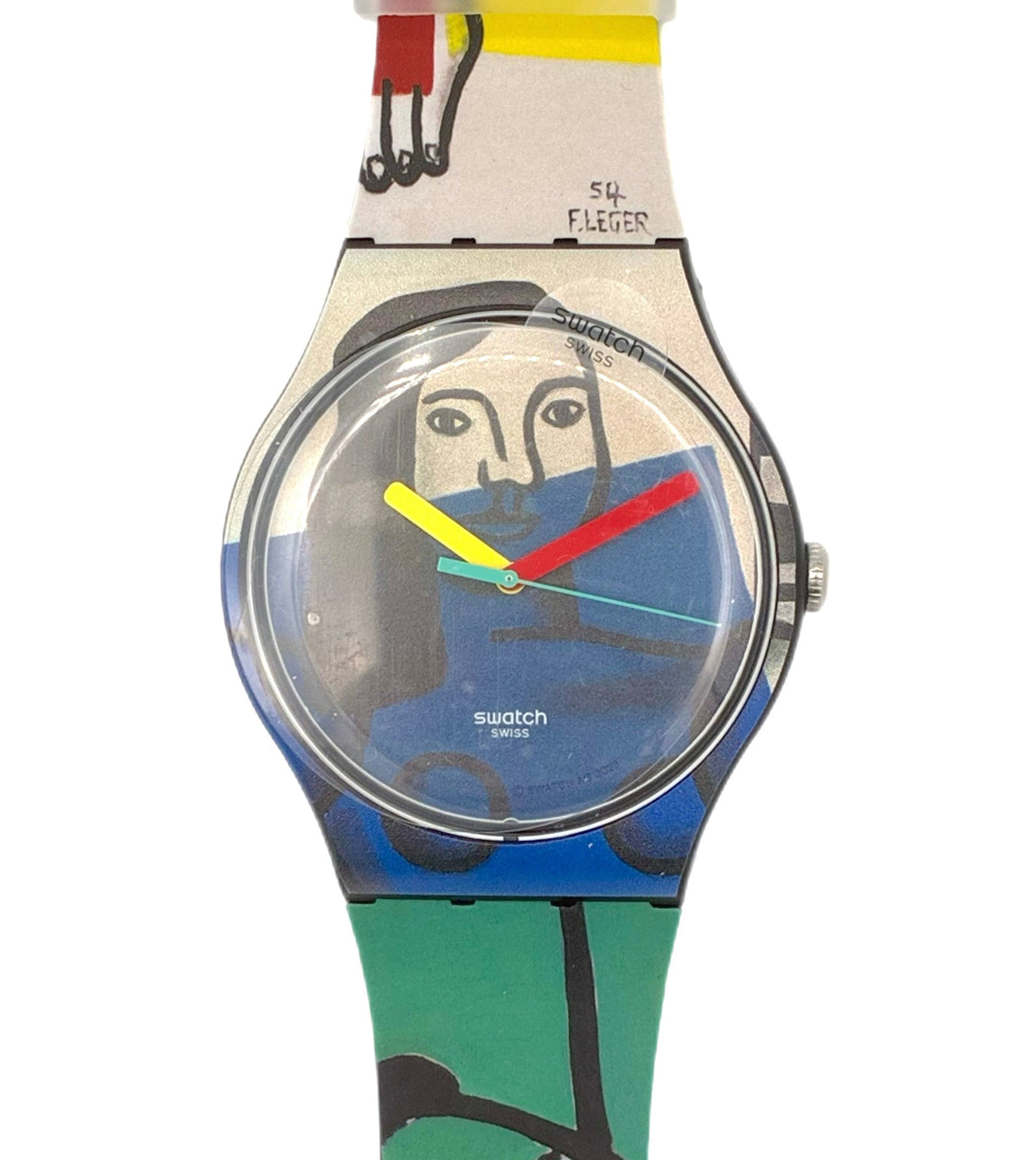 Colorful Swatch watch with a unique design on a white background