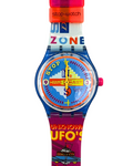 A Swatch brand wristwatch with a colorful, patterned strap and a blue case. The strap features retro sci-fi graphics including the text 'UNKNOWN UFO'S' and a flying saucer, alongside 'swatch' and 'stop-watch' bands on the upper strap.